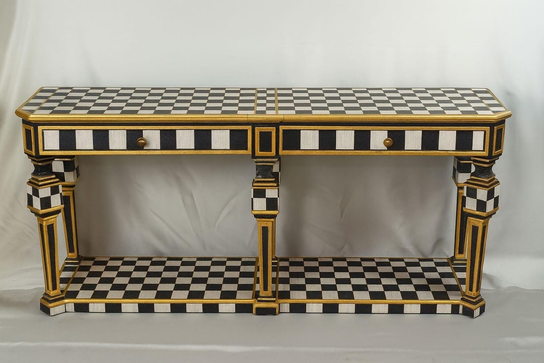 Hand-Painted Checkered Console Table with Gold: Dimensions (Approx): Width: 150 cm (59 in) Height: 85 cm (33.5 in) Depth: 40 cm (15.7 in) WE OFFER CUSTOM MADE DIMENSIONS Description: Make a bold design statement with this stunning hand-painted