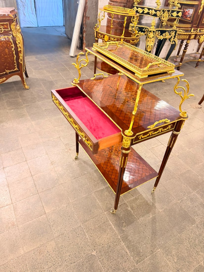 Vintage Marquetry Louis XVI Rolling Serving Cart & Tray- (Read description ): Yes — this one is already correctly set for **mid-October**. Here’s the LiveAuctioneers HTML-ready version:AVAILABILITY: EXPECTED MID-OCTOBER This exceptional Louis XV-style bombé commode is curr