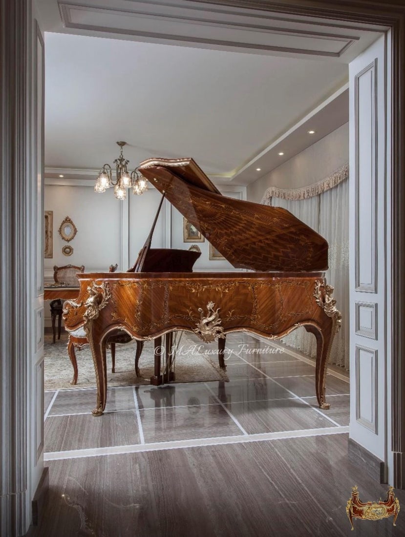 Luxury Hand-Crafted Grand Piano – Louis XV Style: Transform your space with this breathtaking Louis XV-inspired grand piano, a true masterpiece of craftsmanship and artistry. Fully hand-carved and finished in a rich warm wood tone, this piano