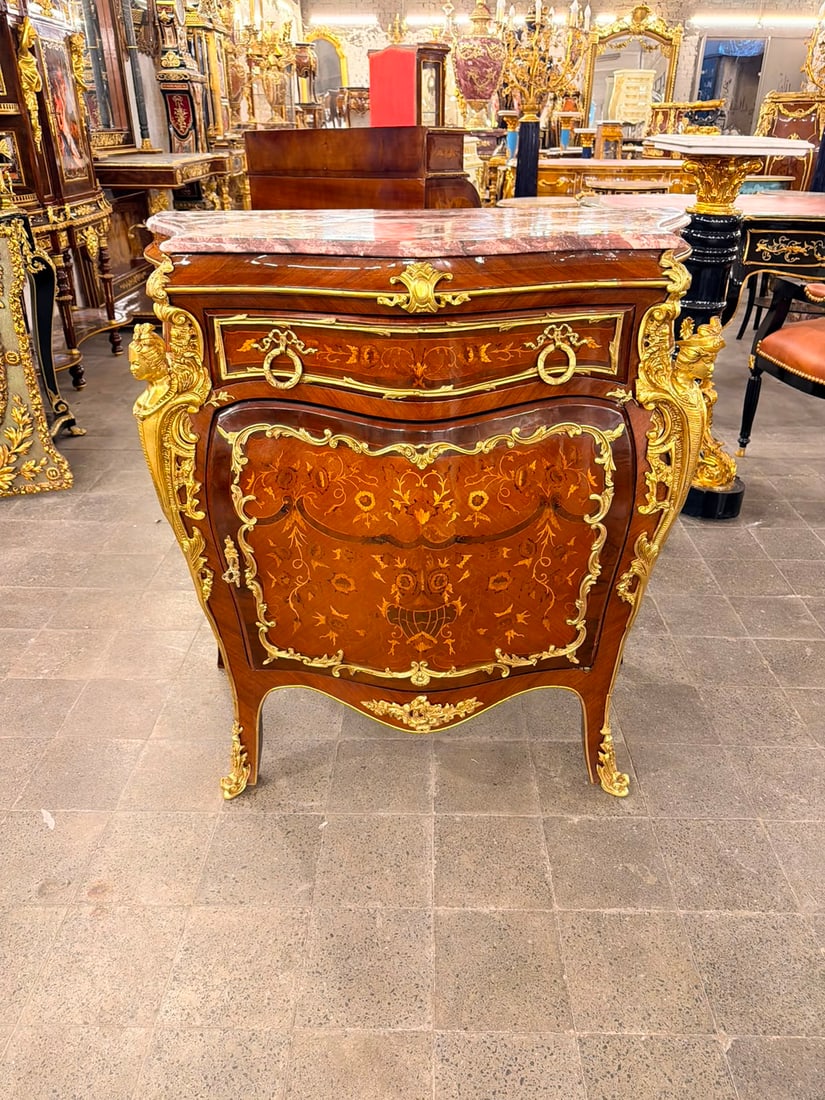 French Louis XV Bombé Commode with Elaborate Marquetry & Marble Top-(Read description) (1 of 5)