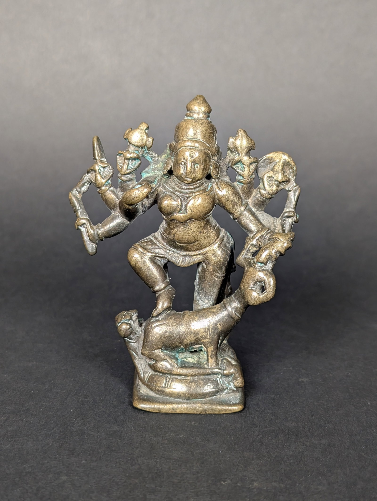 Durga Killing the Buffalo Demon Mahishasura: This is Mother Goddess Durga as the slayer of the buffalo demon, Mahishasura. She is Mahishasuramardhini, widely worshipped in India. In her hands, she holds the attributes given to her by the Gods