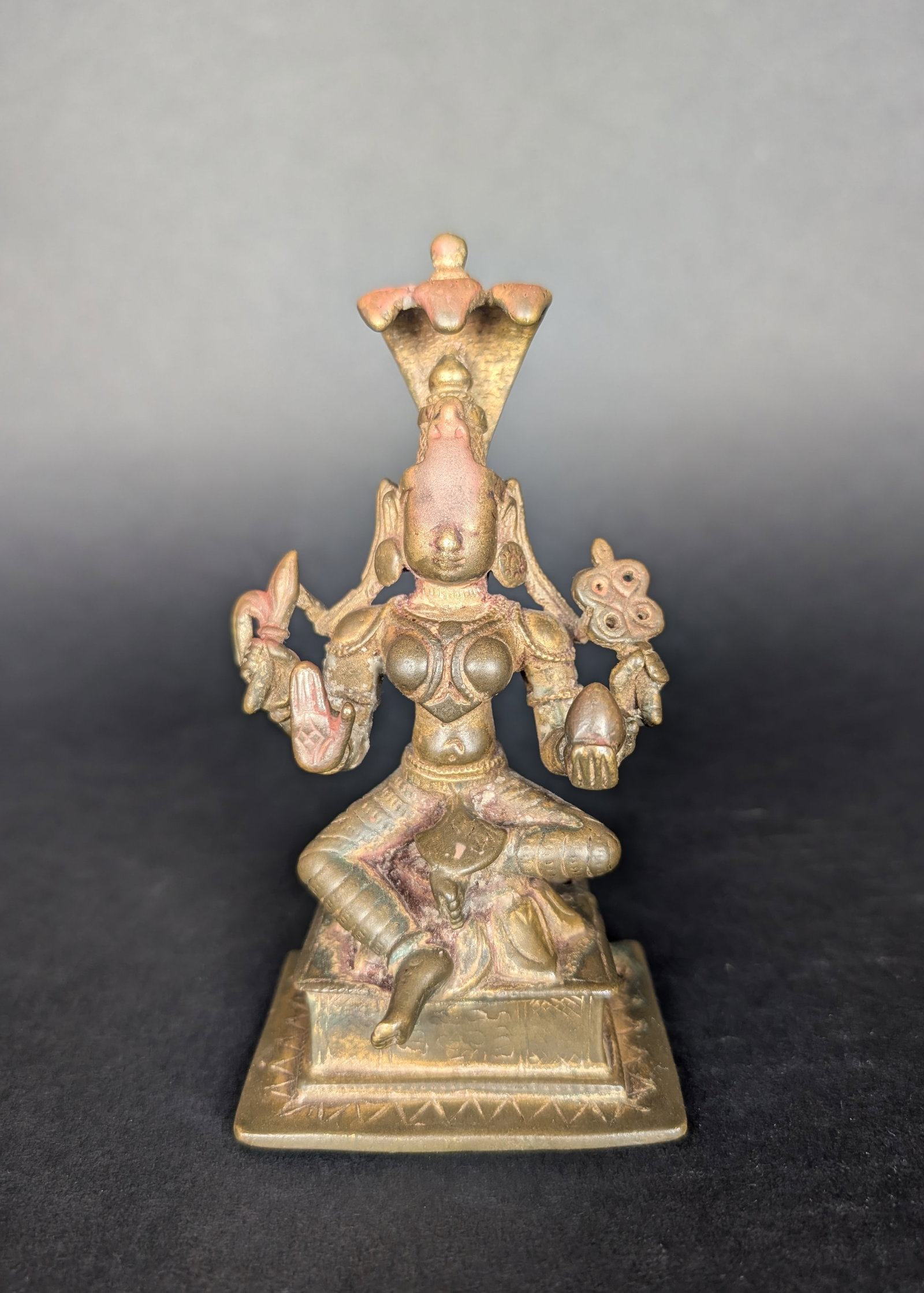 Padmavati with 3 headed cobra: Padmavati is the Yakshi to Parsvanatha, the 23rd Jain Tirthankara. She is also revered in her own right as a Jain Goddess. She sits on a lotus throne, offering the devotee to have no fear, holding her