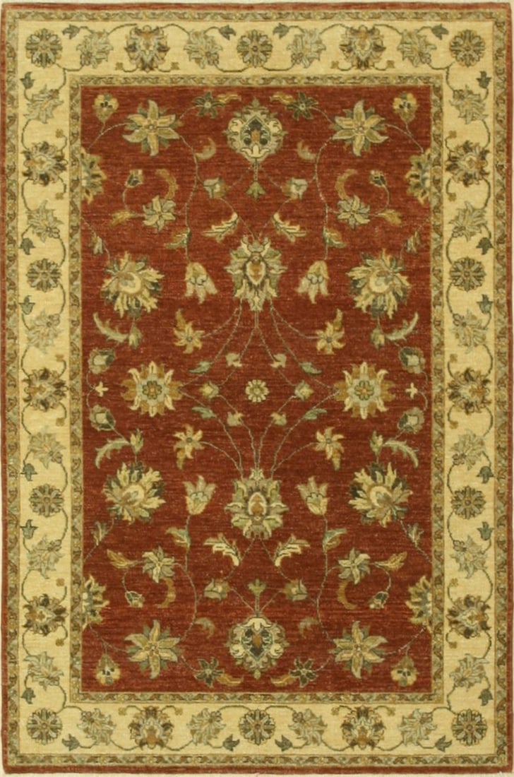 Agra Hand-Knotted Wool Area Rug 4'1 x 6'1, Brown: Agra area rug, hand-knotted in wool, in brown tones, brand new, approximately 4'1 x 6'1 (49 x 73 inches, 0.5-inch pile), a versatile 4x6 size. Across this rectangular canvas, stylized flora unfurl in 