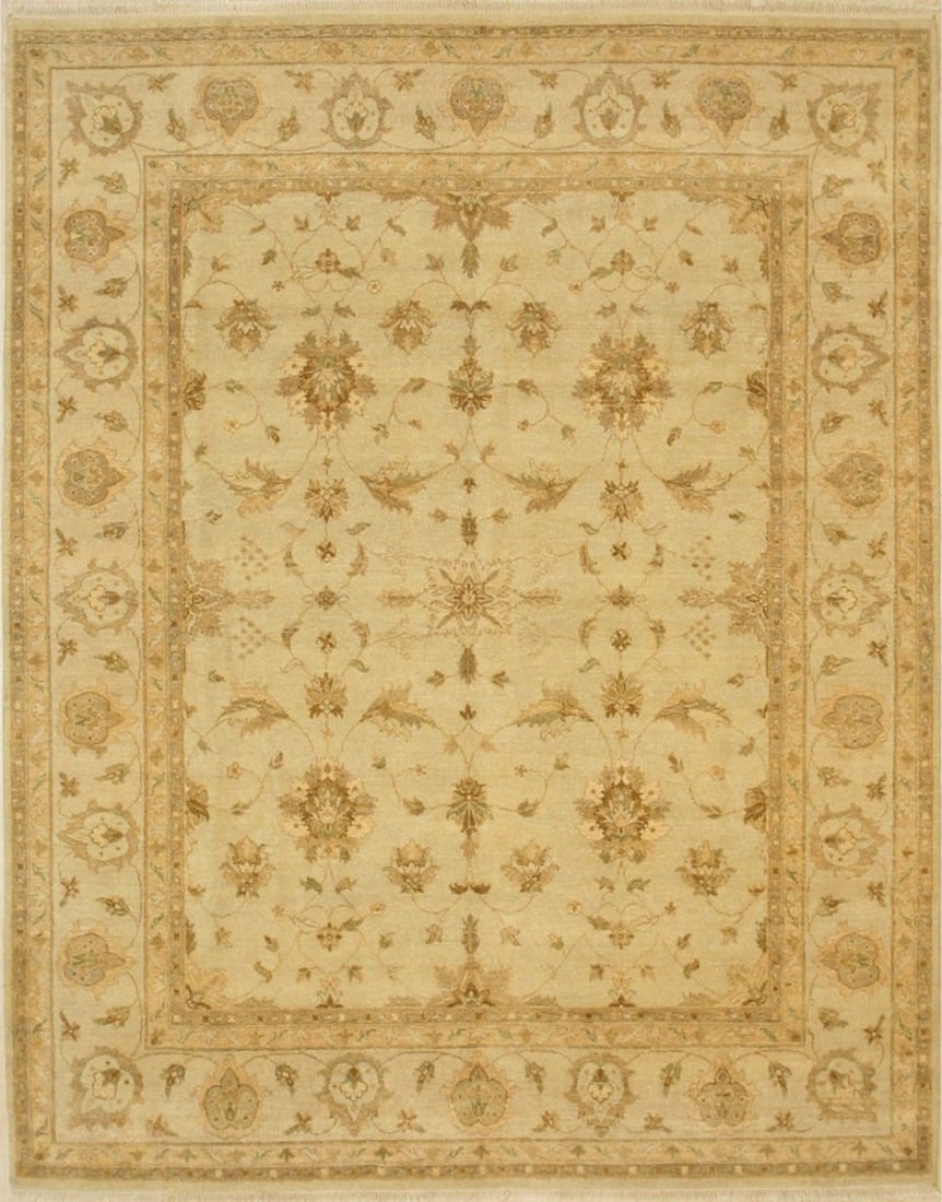 Peshawar Hand-Knotted Wool Area Rug 8' x 10', Beige: Peshawar area rug, hand-knotted in wool, in beige tones, brand new, approximately 8' x 10' (96 x 120 inches, 0.5-inch pile), a versatile 8x10 size. The Iris Peshawar in Multicolor is hand knotted at 8