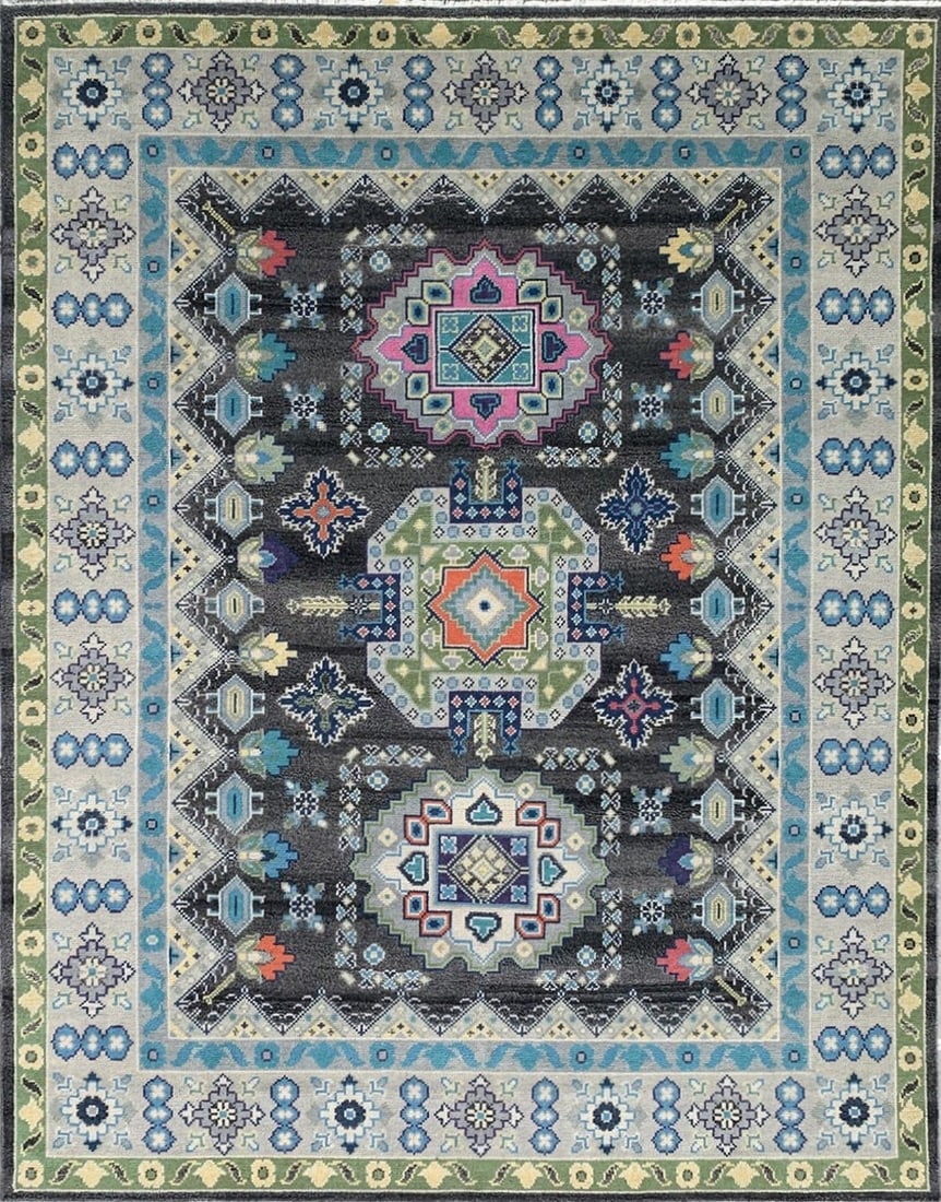 Kazak Hand-Knotted Wool Area Rug 8' x 10', Charcoal: Kazak area rug, hand-knotted in wool, in charcoal tones, brand new, approximately 8' x 10' (96 x 120 inches, 0.5-inch pile), a versatile 8x10 size. Against a deep charcoal canvas, a vibrant medallion 