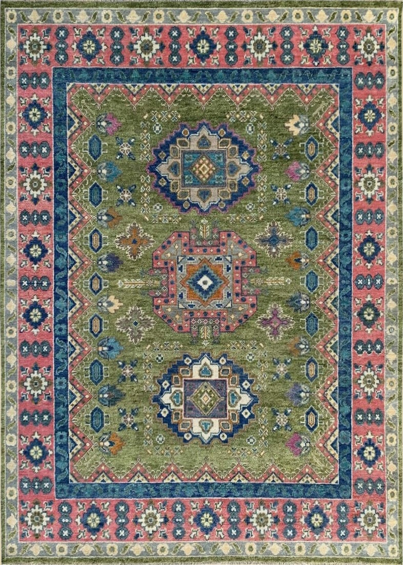 Kazak Hand-Knotted Wool Area Rug 9' x 12', P.Green: Kazak area rug, hand-knotted in wool, in p.green tones, brand new, approximately 9' x 12' (108 x 144 inches, 0.5-inch pile), a room-anchoring 9x12 size. The muted green field is punctuated by a sympho