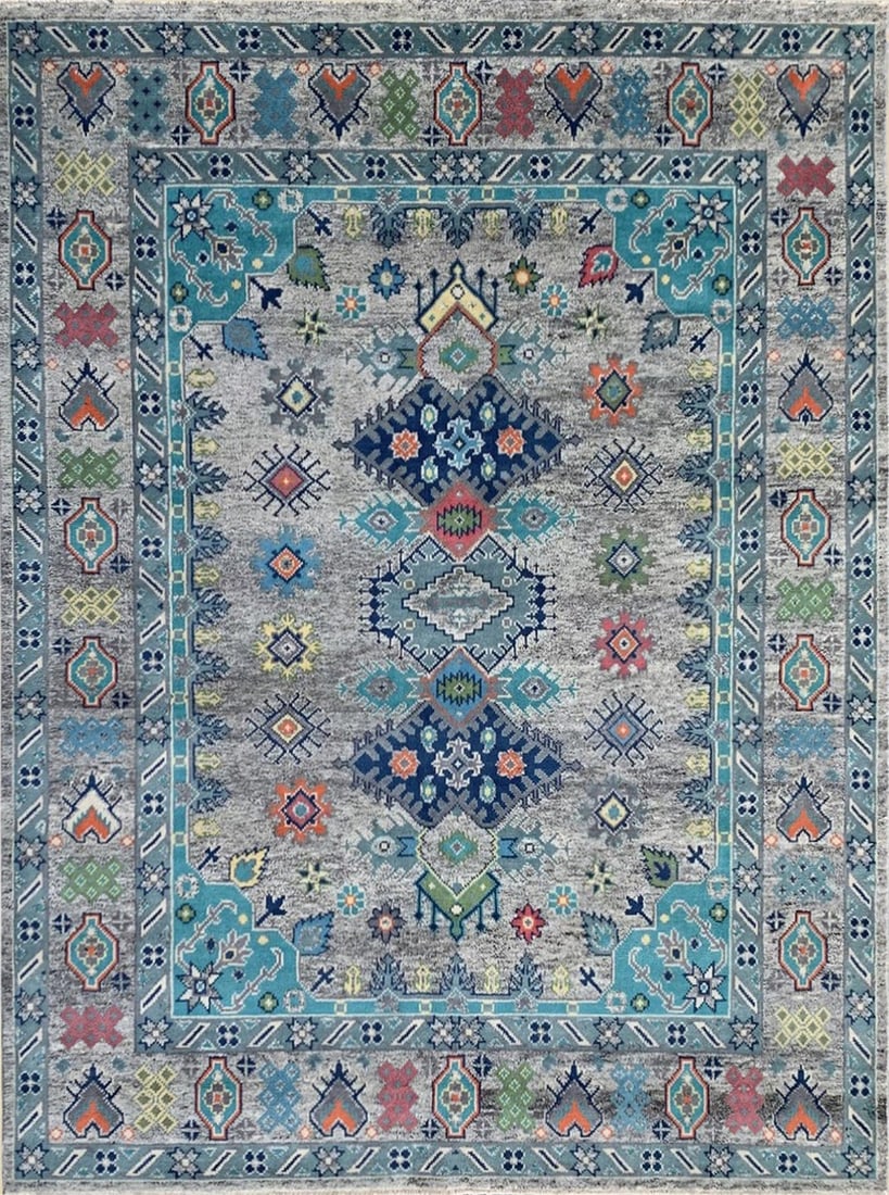Malayer Hand-Knotted Wool Rug 10' x 14', Natural Gray: Malayer area rug, hand-knotted in wool, in natural gray tones, brand new, approximately 10' x 14' (120 x 168 inches, 0.5-inch pile), a room-anchoring 10x14 size. Malayer designs draw on the allover vi