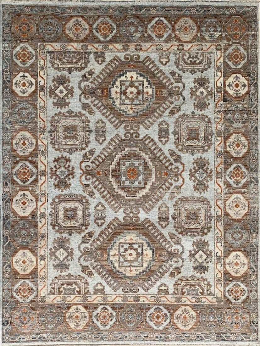 Kazak Hand-Knotted Wool Area Rug 9' x 12', Ivory: Kazak area rug, hand-knotted in wool, in ivory tones, brand new, approximately 9' x 12' (108 x 144 inches, 0.5-inch pile), a room-anchoring 9x12 size. This rug, with its soft gray foundation, unveils 