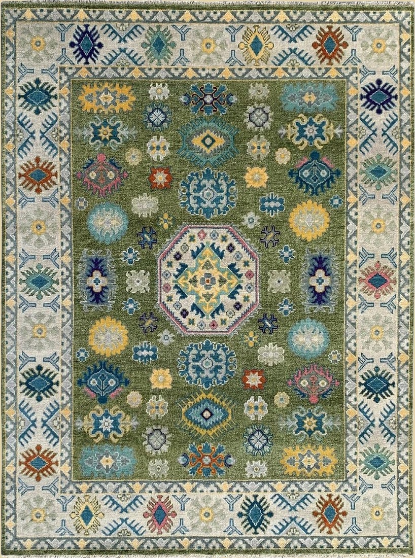 Kazak Hand-Knotted Wool Area Rug 6' x 9', Lt.Green: Kazak area rug, hand-knotted in wool, in lt.green tones, brand new, approximately 6' x 9' (72 x 108 inches, 0.5-inch pile), a versatile 6x9 size. Against a soothing field of soft green, an elaborate c