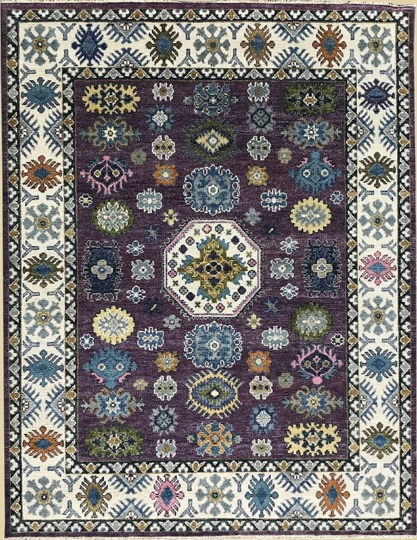 Kazak Hand-Knotted Wool Area Rug 8' x 10', Purple: Kazak area rug, hand-knotted in wool, in purple tones, brand new, approximately 8' x 10' (96 x 120 inches, 0.5-inch pile), a versatile 8x10 size. This hand knotted interpretation brings a Kazak sensib