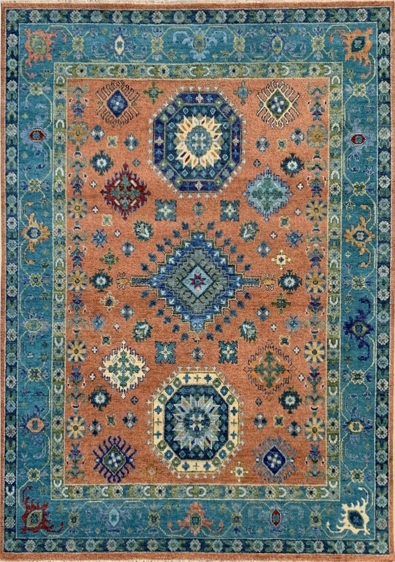 Kazak Hand-Knotted Wool Area Rug 9' x 12', Rust: Kazak area rug, hand-knotted in wool, in rust tones, brand new, approximately 9' x 12' (108 x 144 inches, 0.5-inch pile), a room-anchoring 9x12 size. Kazak rugs originate from the Caucasus region and 
