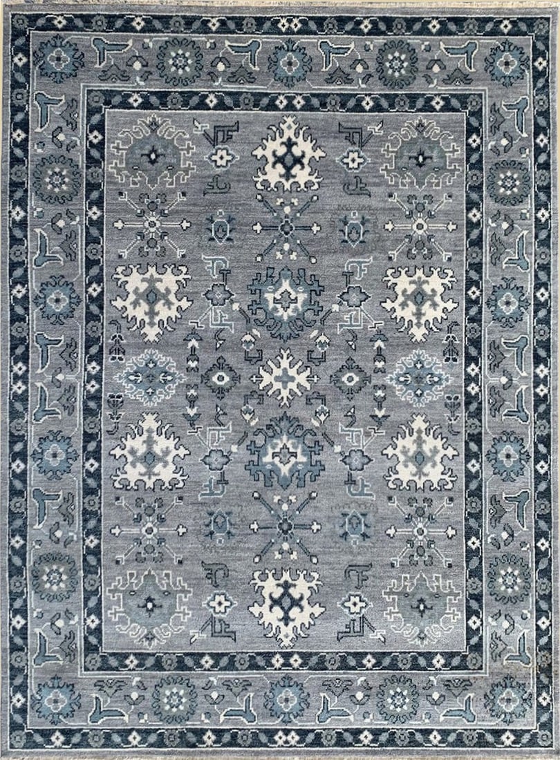 Oushak Hand-Knotted Wool Area Rug 6' x 9', Silver: Oushak area rug, hand-knotted in wool, in silver tones, brand new, approximately 6' x 9' (72 x 108 inches, 0.5-inch pile), a versatile 6x9 size. Oushak design in silver-gray tones is a contemporary ta
