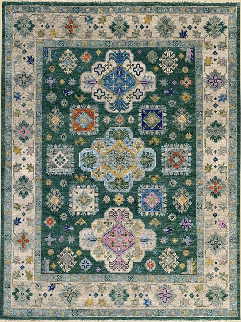 Kazak Hand-Knotted Wool Area Rug 10' x 14', Dark Green: Kazak area rug, hand-knotted in wool, in dark green tones, brand new, approximately 10' x 14' (120 x 168 inches, 0.5-inch pile), a room-anchoring 10x14 size. Kazak rugs have a tribal design vocabulary