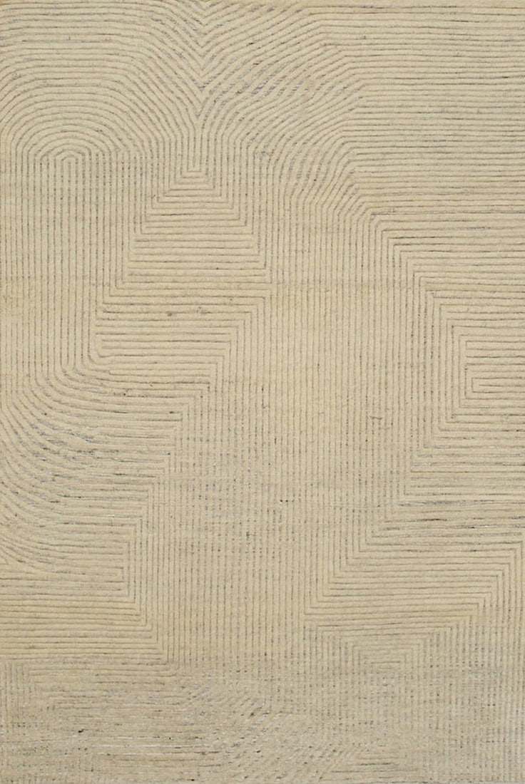 Modern Knot Wool Area Rug 6' x 9', Ivory: Modern Knot area rug, wool in ivory tones, brand new, approximately 6' x 9' (72 x 108 inches, 0.5-inch pile), a versatile 6x9 size. Ivory grounds with gray patterning are among the most enduring combi