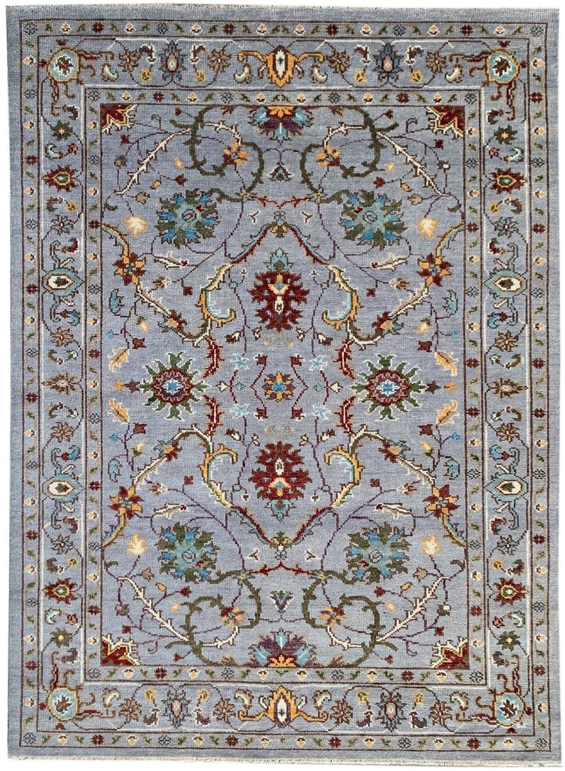 Allover Hand-Knotted Wool Area Rug 6' x 9', Gray: Allover area rug, hand-knotted in wool, in gray tones, brand new, approximately 6' x 9' (72 x 108 inches, 0.5-inch pile), a versatile 6x9 size. Floral oriental rugs in gray work because the softness o