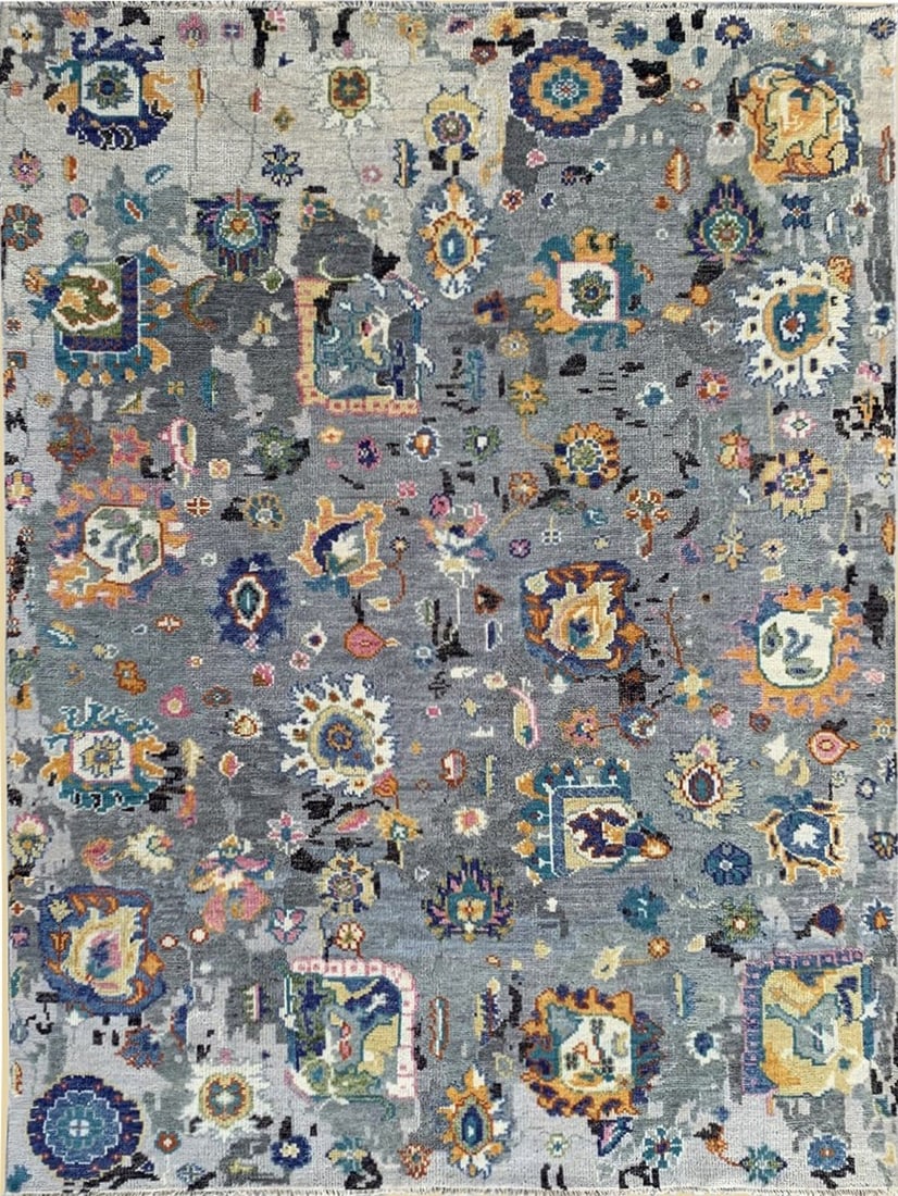 Oriental Hand-Knotted Wool Area Rug 9' x 12', Gray: Oriental area rug, hand-knotted in wool, in gray tones, brand new, approximately 9' x 12' (108 x 144 inches, 0.5-inch pile), a room-anchoring 9x12 size. Willow and organic branch motifs in gray wool p
