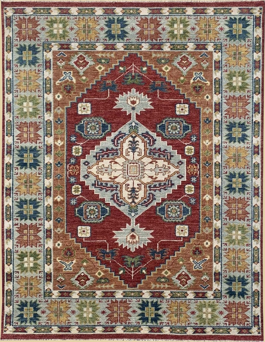 Oriental Hand-Knotted Wool Area Rug 9' x 12', Red: Oriental area rug, hand-knotted in wool, in red tones, brand new, approximately 9' x 12' (108 x 144 inches, 0.5-inch pile), a room-anchoring 9x12 size. Geometric precision dances with subtle floral wh