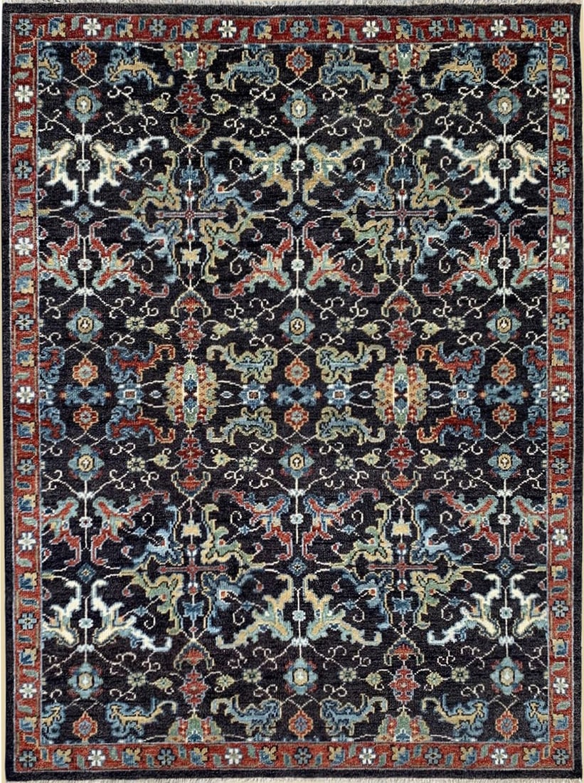 Oriental Hand-Knotted Wool Area Rug 9' x 12', Brown: Oriental area rug, hand-knotted in wool, in brown tones, brand new, approximately 9' x 12' (108 x 144 inches, 0.5-inch pile), a room-anchoring 9x12 size. Across a field of deep indigo, a tapestry of s