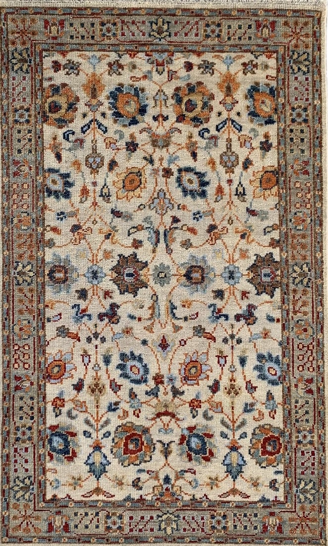 Oriental Hand-Knotted Wool Area Rug 6' x 9', Beige: Oriental area rug, hand-knotted in wool, in beige tones, brand new, approximately 6' x 9' (72 x 108 inches, 0.5-inch pile), a versatile 6x9 size. Oushak design in beige is one of the most versatile ch