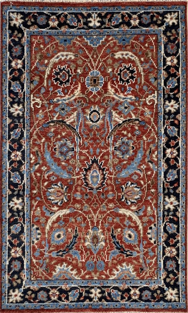 Allover Hand-Knotted Wool Area Rug 10' x 14', Red: Allover area rug, hand-knotted in wool, in red tones, brand new, approximately 10' x 14' (120 x 168 inches, 0.5-inch pile), a room-anchoring 10x14 size. This rug is a statement of refined taste, its f