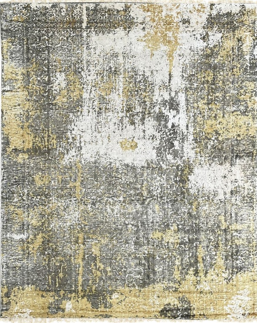 Modern Hand-Knotted Wool Area Rug 7' x 9', Ivory: Modern area rug, hand-knotted in wool, in ivory tones, brand new, approximately 7' x 9' (84 x 108 inches, 0.5-inch pile), close to a standard 6x9. Made in India and sold by Eastern Oriental Rugs, the 
