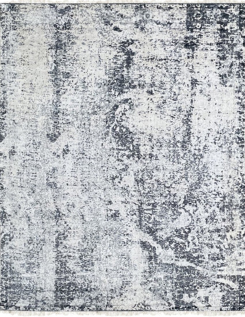 Modern Hand-Knotted Wool Area Rug 7' x 9', Ivory: Modern area rug, hand-knotted in wool, in ivory tones, brand new, approximately 7' x 9' (84 x 108 inches, 0.5-inch pile), close to a standard 6x9. This rug carries gray tones with warm beige undertone