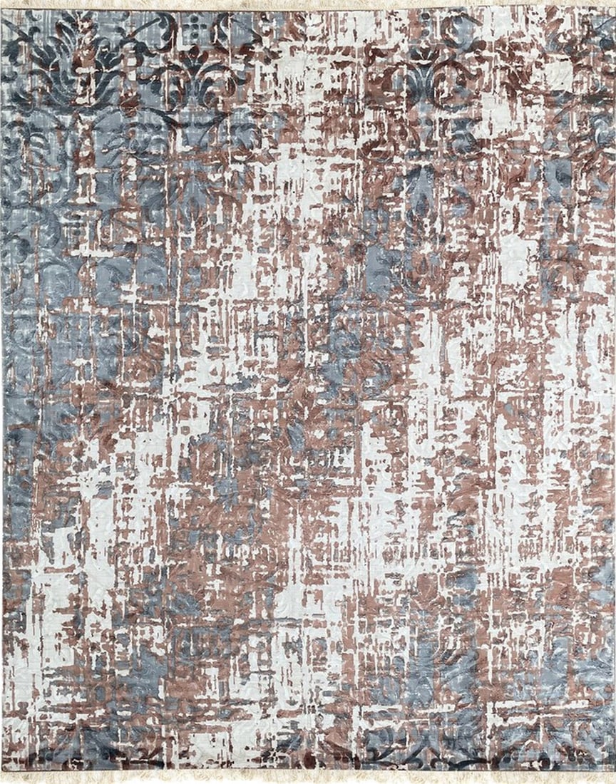 Modern Hand-Knotted Wool Area Rug 8' x 11', Ivory: Modern area rug, hand-knotted in wool, in ivory tones, brand new, approximately 8' x 11' (96 x 132 inches, 0.5-inch pile), close to a standard 8x10. The copper translates toward warm red and brick in 