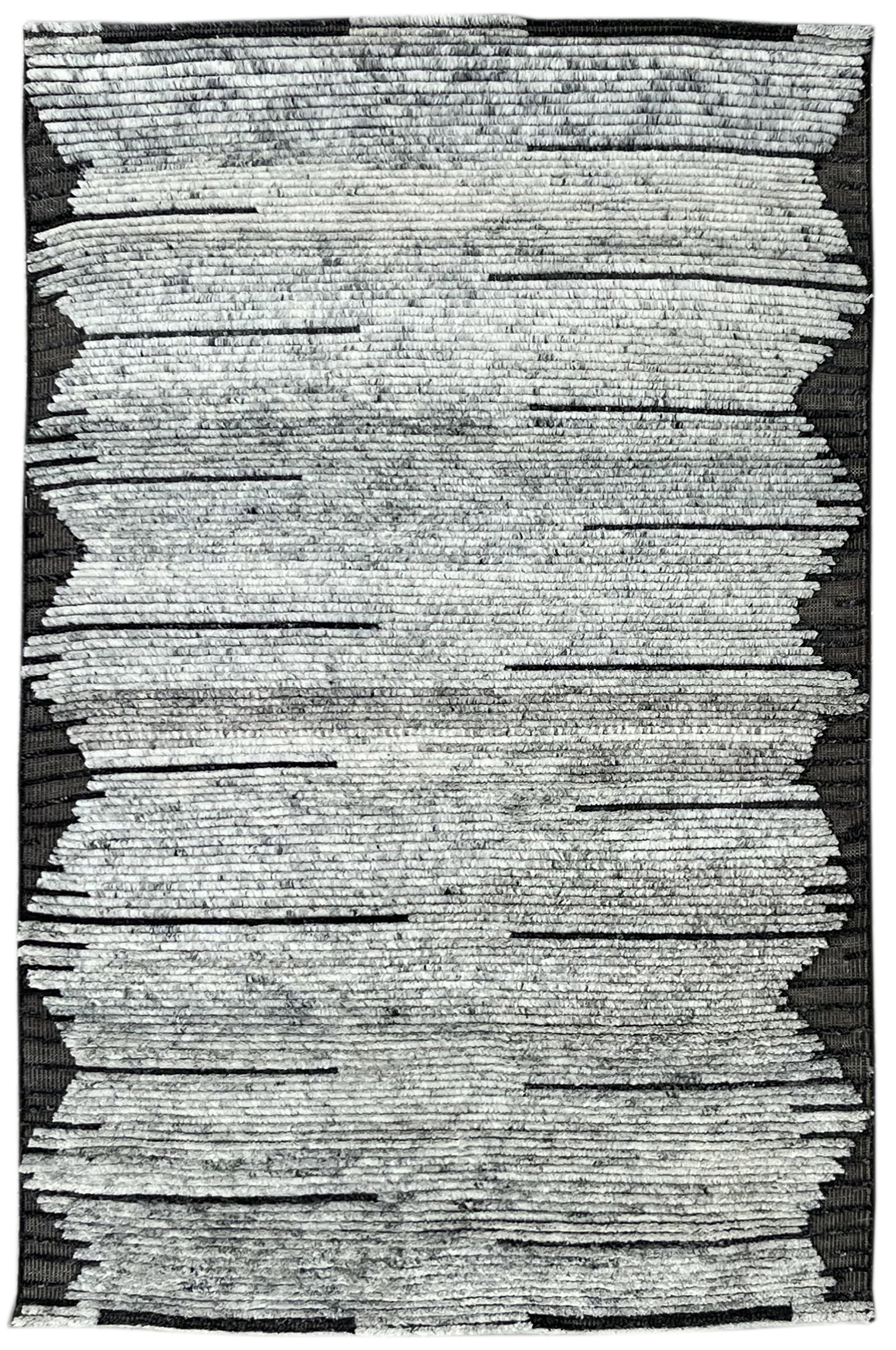 Contemporary Hand-Knotted Wool Area Rug 6' x 9', Gray: Contemporary area rug, hand-knotted in wool, in gray tones, brand new, approximately 6' x 9' (72 x 108 inches, 0.5-inch pile), a versatile 6x9 size. Cool silver-gray pile with quiet blue undertones gi