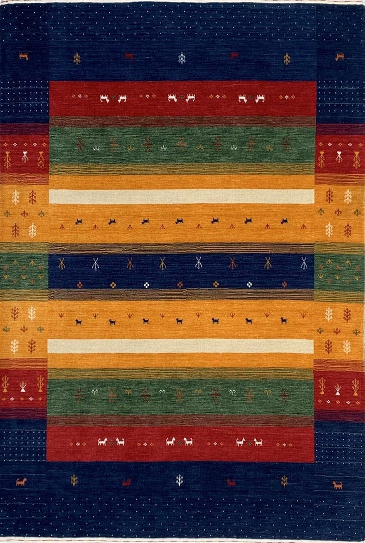 Gabbeh Hand-Knotted Wool Area Rug 9' x 12', Navy: Gabbeh area rug, hand-knotted in wool, in navy tones, brand new, approximately 9' x 12' (108 x 144 inches, 0.5-inch pile), a room-anchoring 9x12 size. Navy and gray form a studied, near-neutral combin