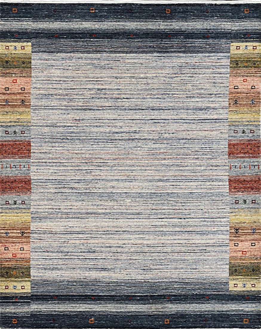 Gabbeh Hand-Knotted Wool Rug 8' x 10', Natural Gray: Gabbeh area rug, hand-knotted in wool, in natural gray tones, brand new, approximately 8' x 10' (96 x 120 inches, 0.5-inch pile), a versatile 8x10 size. This handmade gray Gabbeh brings that character