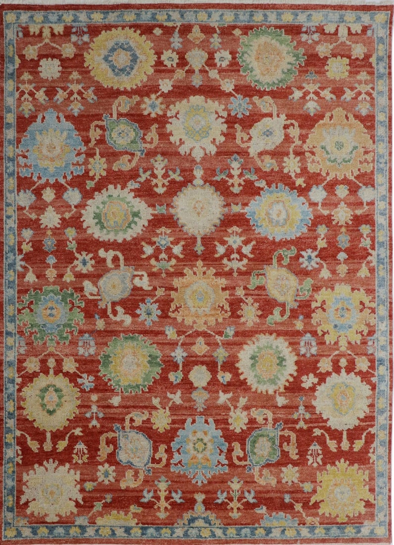 Floral Hand-Knotted Wool Area Rug 8' x 10', Rust: Floral area rug, hand-knotted in wool, in rust tones, brand new, approximately 8' x 10' (96 x 120 inches, 0.5-inch pile), a versatile 8x10 size. Made in India and sold by Eastern Oriental Rugs, the im