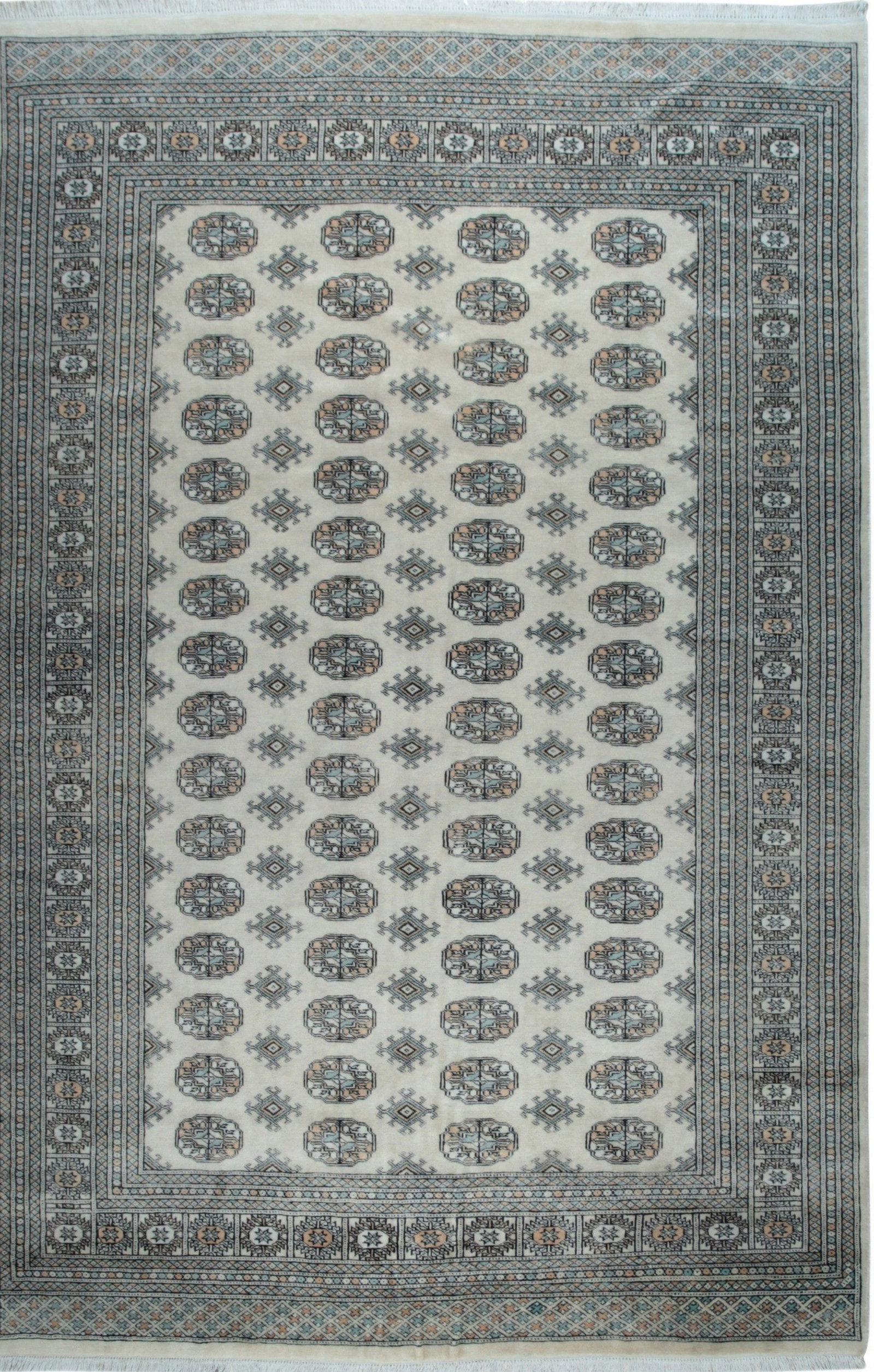Bukhara Hand-Knotted Wool Area Rug 6' x 9', Beige: Bukhara area rug, hand-knotted in wool, in beige tones, brand new, approximately 6' x 9' (72 x 96 inches, 0.5-inch pile), a versatile 6x9 size. Beige in a rustic Nan-style hand knotted rug a neutral p