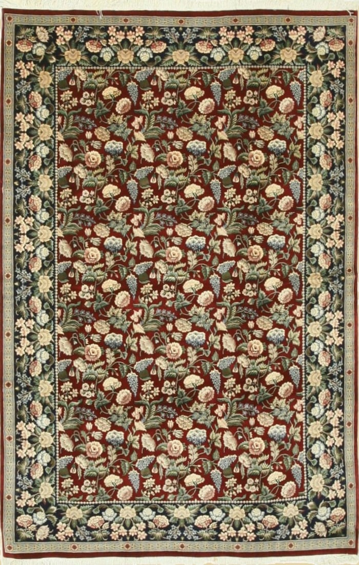 Pak-Persian Hand-Knotted Wool Area Rug 6'1 x 9'4, Red: Pak-Persian area rug, hand-knotted in wool, in red tones, brand new, approximately 6'1 x 9'4 (73 x 112 inches, 0.5-inch pile), a versatile 6x9 size. Traditional multicolor hand knotted rugs at 6x9 car