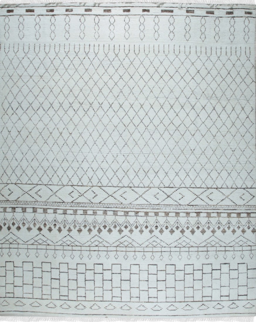 Moroccan Hand-Knotted Wool Area Rug 9' x 12', Ivory: Moroccan area rug, hand-knotted in wool, in ivory tones, brand new, approximately 9' x 12' (108 x 144 inches, 0.5-inch pile), a room-anchoring 9x12 size. The ivory ground keeps the Moroccan diamond pa