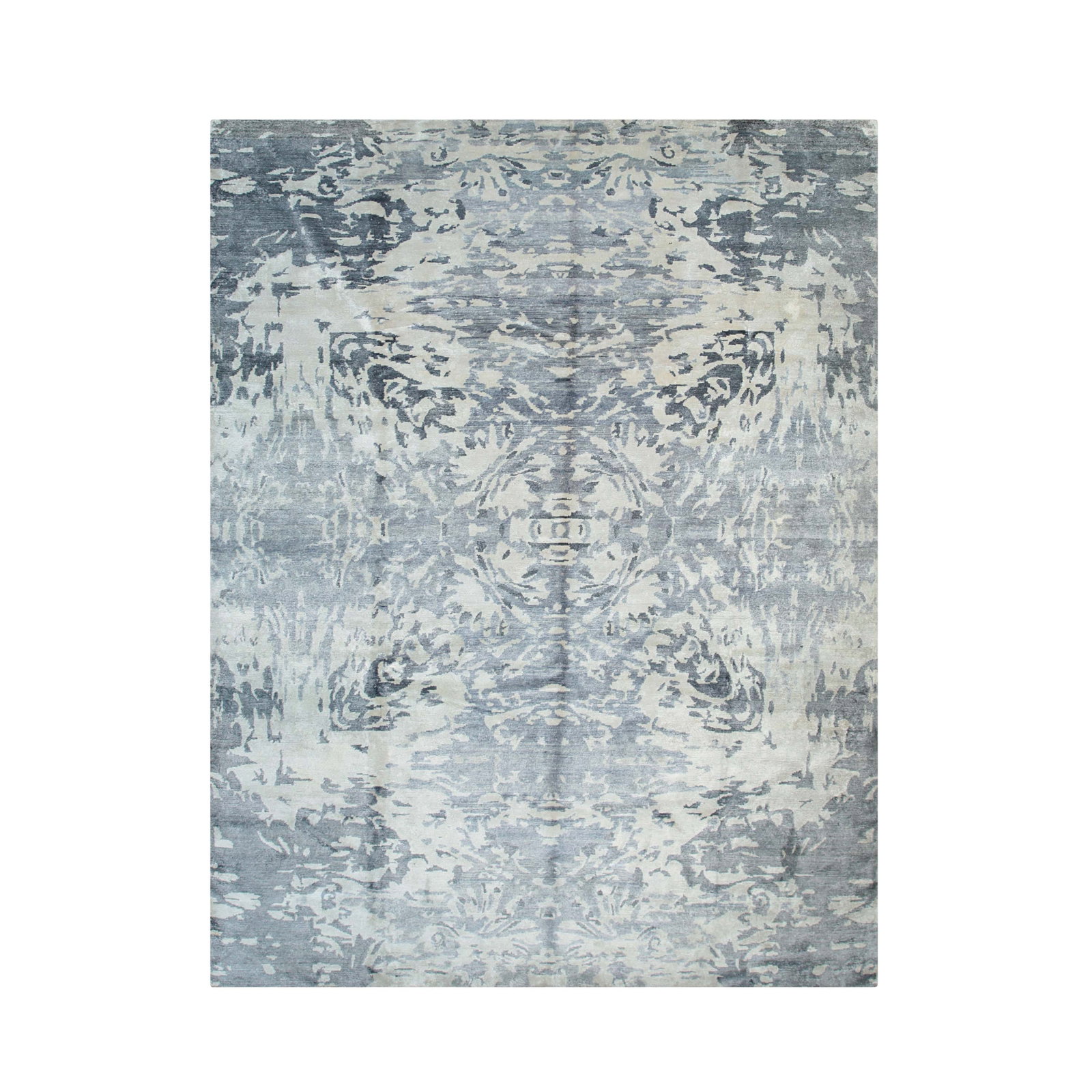 Modern Hand-Knotted Viscose Area Rug 9'1 x 12'5, Ivory: Modern area rug, hand-knotted in viscose, in ivory tones, brand new, approximately 9'1 x 12'5 (108 x 144 inches, 0.5-inch pile), close to a standard 9x12. The Rhea features a flowing abstract pattern 