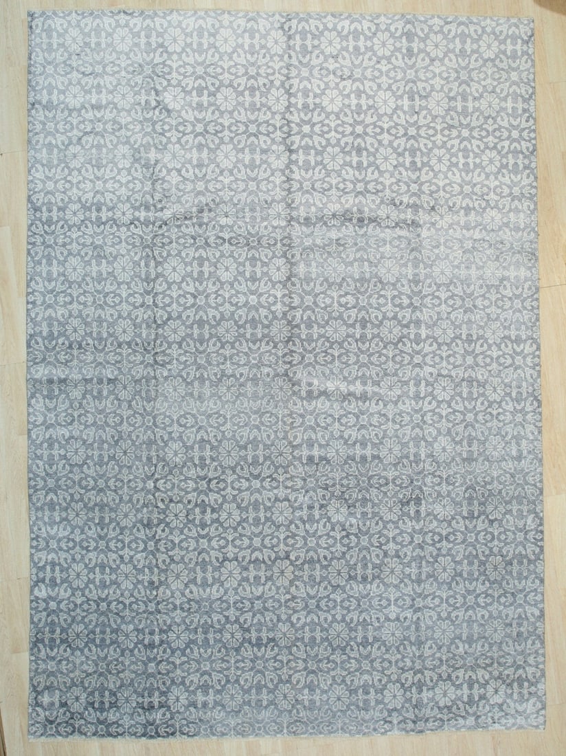 Khotan Hand-Knotted Viscose Area Rug 9'9 x 13'10, Gray: Khotan area rug, hand-knotted in viscose, in gray tones, brand new, approximately 9'9 x 13'10 (120 x 168 inches, 0.5-inch pile), a room-anchoring 10x14 size. This rectangular rug whispers elegance wit