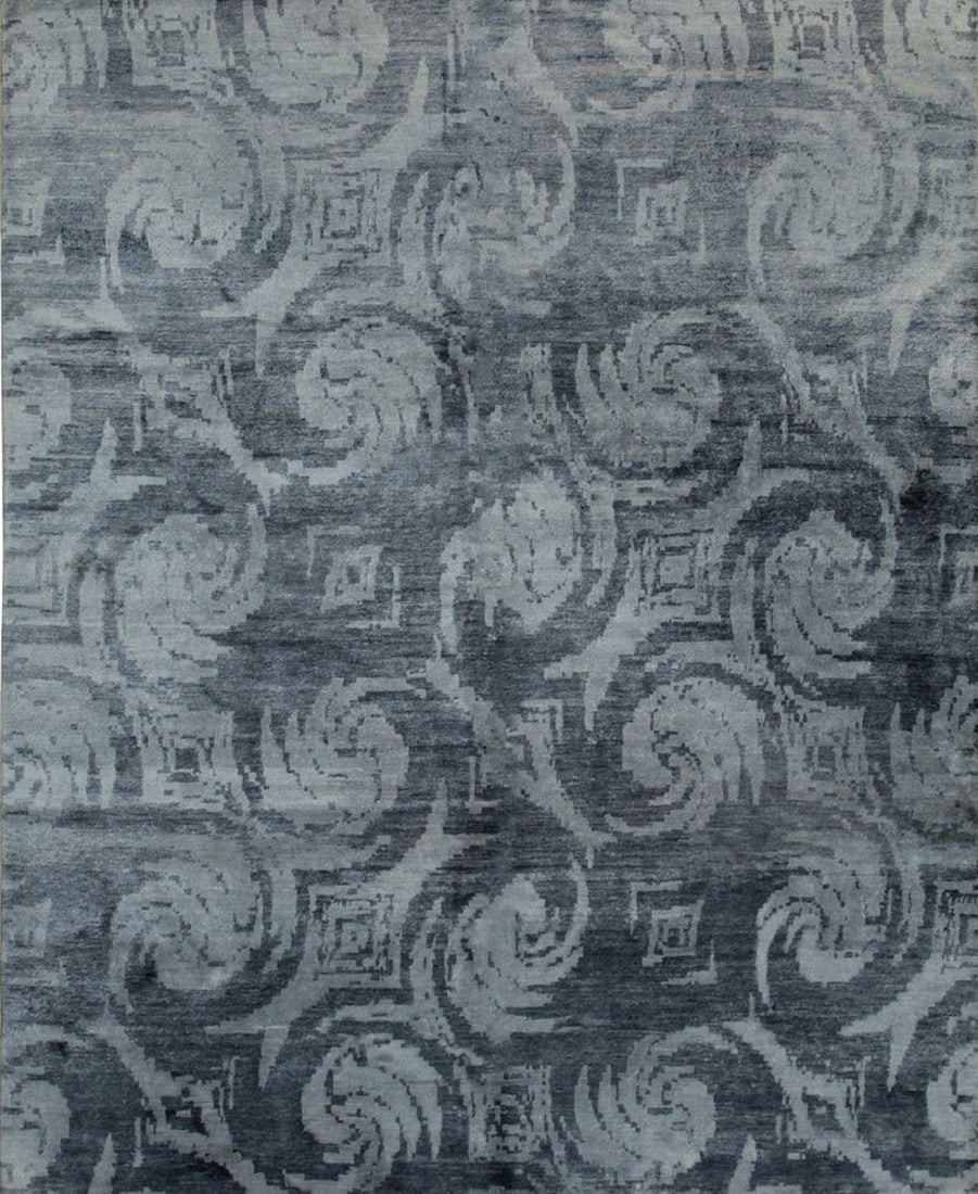 Modern Indo Nepal Hand-Knotted Rug 8'x10', Gray: Modern Indo Nepal area rug, hand-knotted in bamboo silk and wool, in gray tones, brand new, approximately 8' x 10' (96 x 120 inches, 0.5-inch pile), a versatile 8x10 size. This rug features a mesmeriz