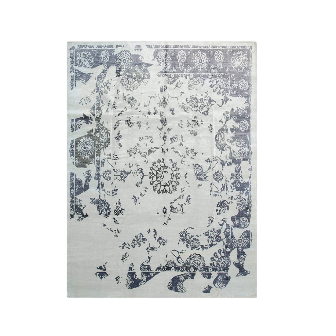 Modern Oriental Hand-Knotted Rug 9'2x12'3, Ivory: Modern Oriental area rug, hand-knotted in viscose, in ivory tones, brand new, approximately 9'2 x 12'3 (108 x 144 inches, 0.5-inch pile), a room-anchoring 9x12 size. Scattered across the field, abstra