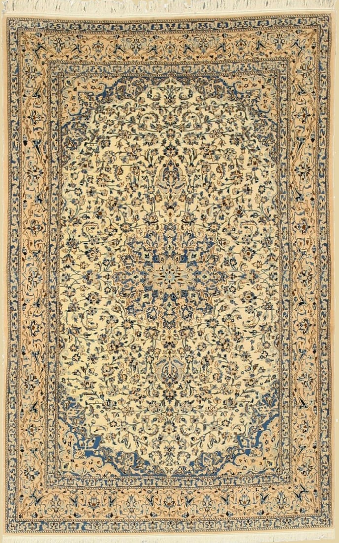 Naiin Hand-Knotted Wool & Silk Rug 5'6 x 8'9, Ivory: Naiin area rug, hand-knotted in wool & silk, in ivory tones, brand new, approximately 5'6 x 8'9 (66 x 105 inches, 0.5-inch pile), close to a standard 6x9. At its heart, a captivating medallion unfolds