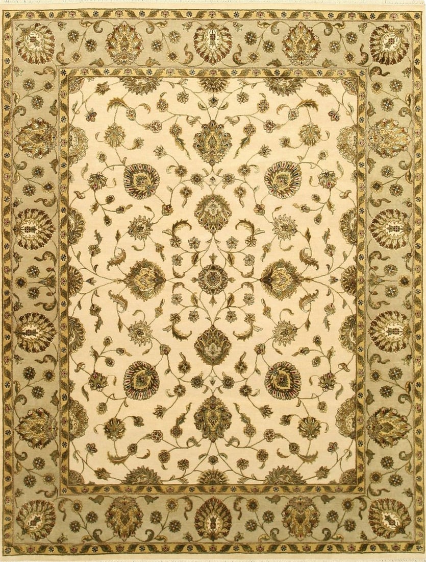 Flower Jaipur Hand-Knotted Rug 7'10x10'1, Beige: Flower Jaipur area rug, hand-knotted in wool & silk, in beige tones, brand new, approximately 7'10 x 10'1 (94 x 121 inches, 0.5-inch pile), a versatile 8x10 size. A symphony of floral artistry unfolds