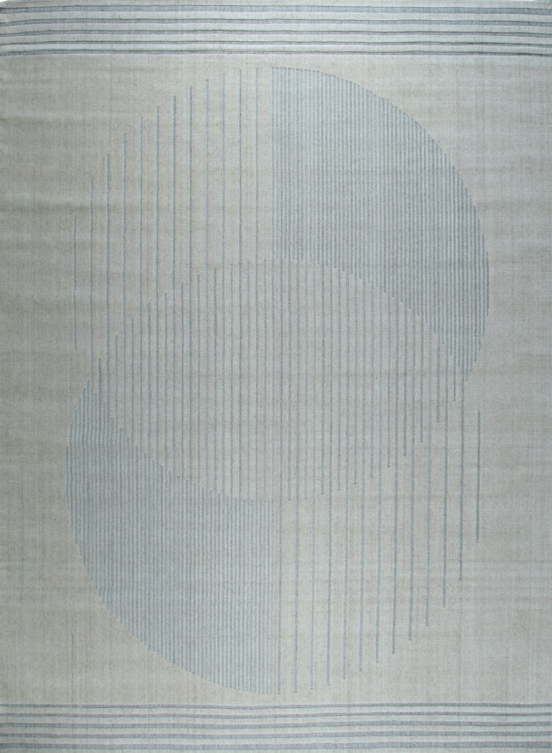 Sea Saw Geometric Hand-Knotted Rug 9'x12', Charcoal: Sea Saw Geometric area rug, hand-knotted in wool, in charcoal tones, brand new, approximately 9' x 12' (108 x 144 inches, 0.5-inch pile), a room-anchoring 9x12 size. Charcoal reads differently than st