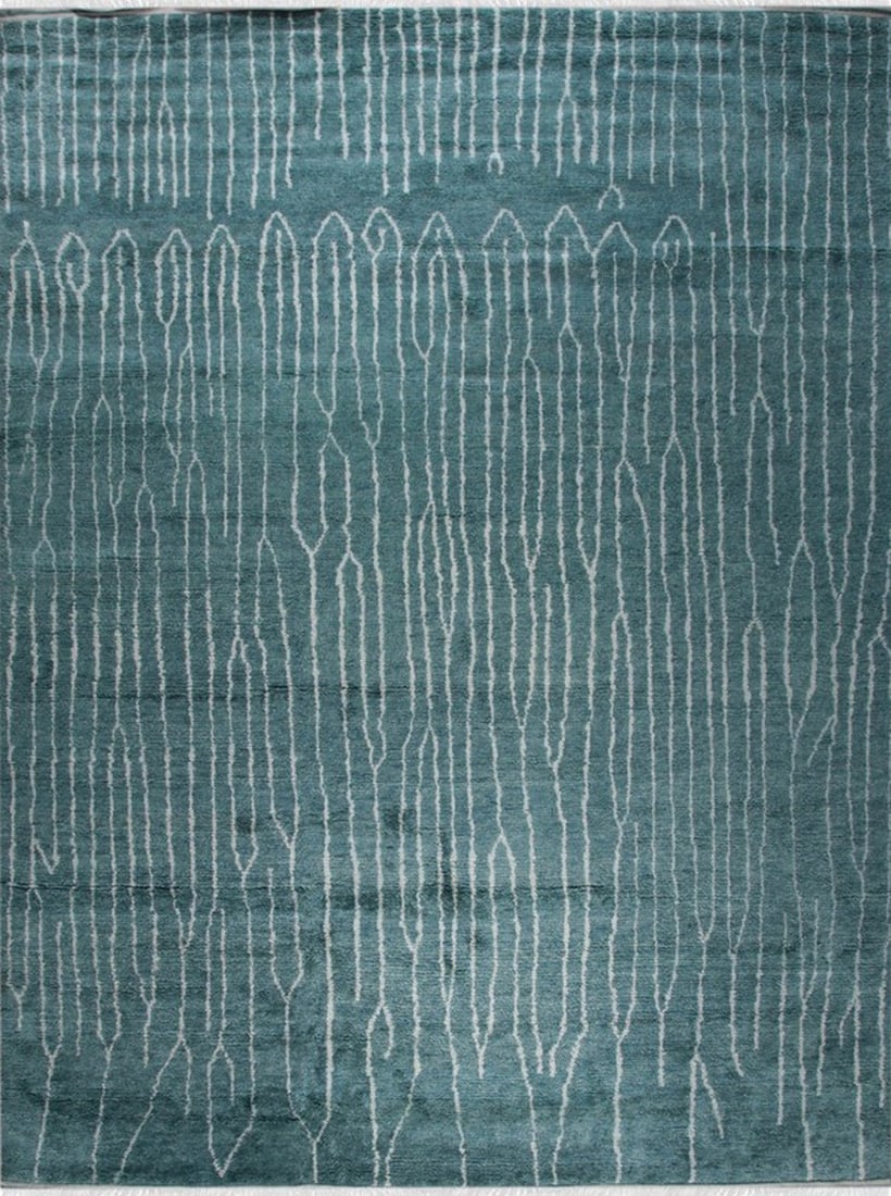 Moroccan Hand-Knotted Wool Area Rug 9' x 12', Green: Moroccan area rug, hand-knotted in wool, in green tones, brand new, approximately 9' x 12' (108 x 144 inches, 0.5-inch pile), a room-anchoring 9x12 size. Pair with warm white walls, dark or natural wo