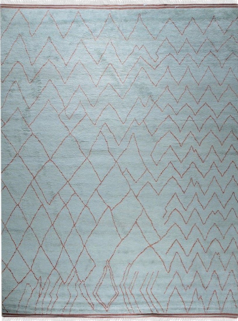 Moroccan Hand-Knotted Wool Rug 8' x 10', Light Blue: Moroccan area rug, hand-knotted in wool, in light blue tones, brand new, approximately 8' x 10' (96 x 120 inches, 0.5-inch pile), a versatile 8x10 size. Moroccan geometric patterns in blue are among t