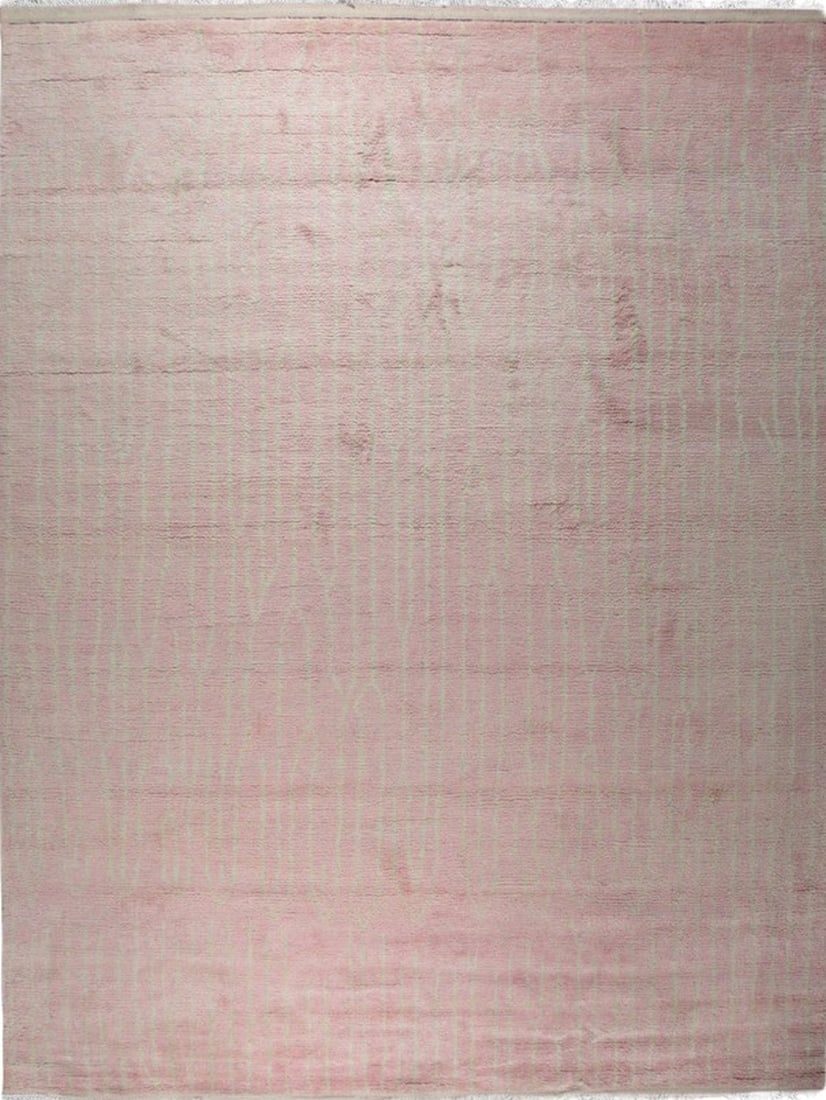 Moroccan Hand-Knotted Wool Area Rug 8' x 10', Pink: Moroccan area rug, hand-knotted in wool, in pink tones, brand new, approximately 8' x 10' (96 x 120 inches, 0.5-inch pile), a versatile 8x10 size. Pink rugs in hand-knotted wool at the 9x12 and 10x14 