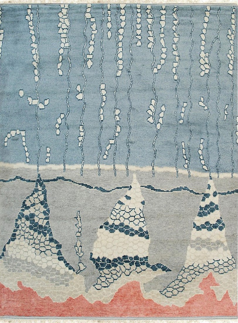 Berber Moroccan Hand-Knotted Rug 8'x10', Multicolored: Berber Moroccan area rug, hand-knotted in wool, in multicolored tones, brand new, approximately 8' x 10' (96 x 120 inches, 0.5-inch pile), a versatile 8x10 size. The upper portion features a cool blue