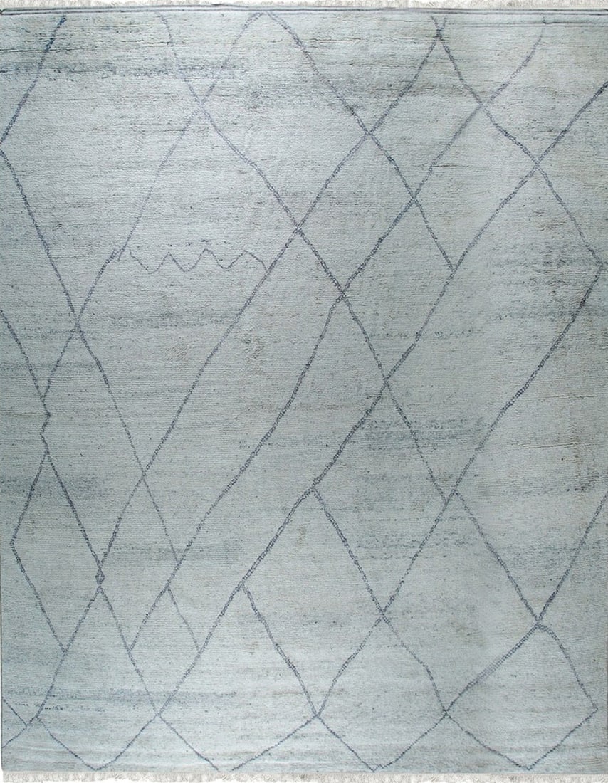 Moroccan Hand-Knotted Wool Area Rug 12' x 15', Silver: Moroccan area rug, hand-knotted in wool, in silver tones, brand new, approximately 12' x 15' (144 x 180 inches, 0.5-inch pile), a room-anchoring 12x15 size. The hand knotted construction gives the sil