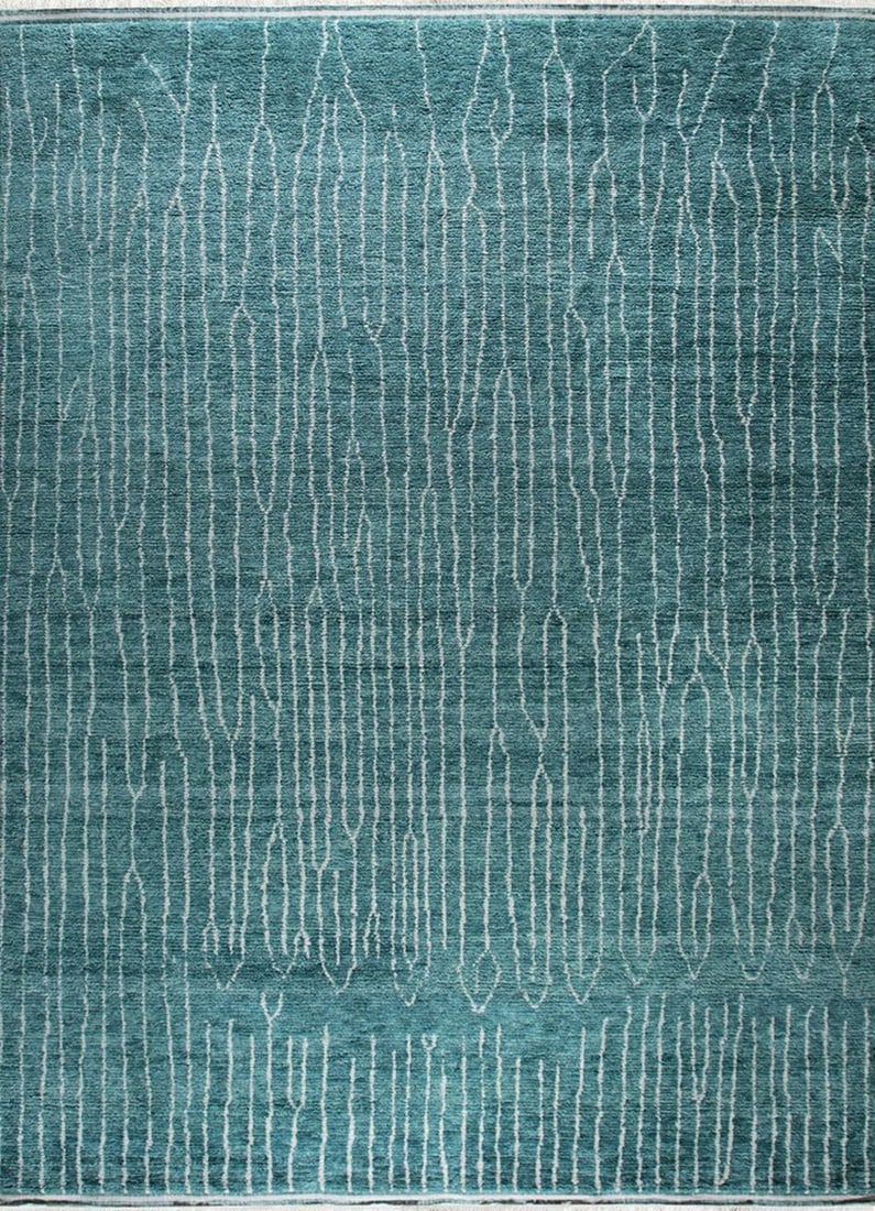 Moroccan Hand-Knotted Wool Area Rug 9' x 12', Green: Moroccan area rug, hand-knotted in wool, in green tones, brand new, approximately 9' x 12' (108 x 144 inches, 0.5-inch pile), a room-anchoring 9x12 size. Green Moroccan hand knotted wool rugs bring to
