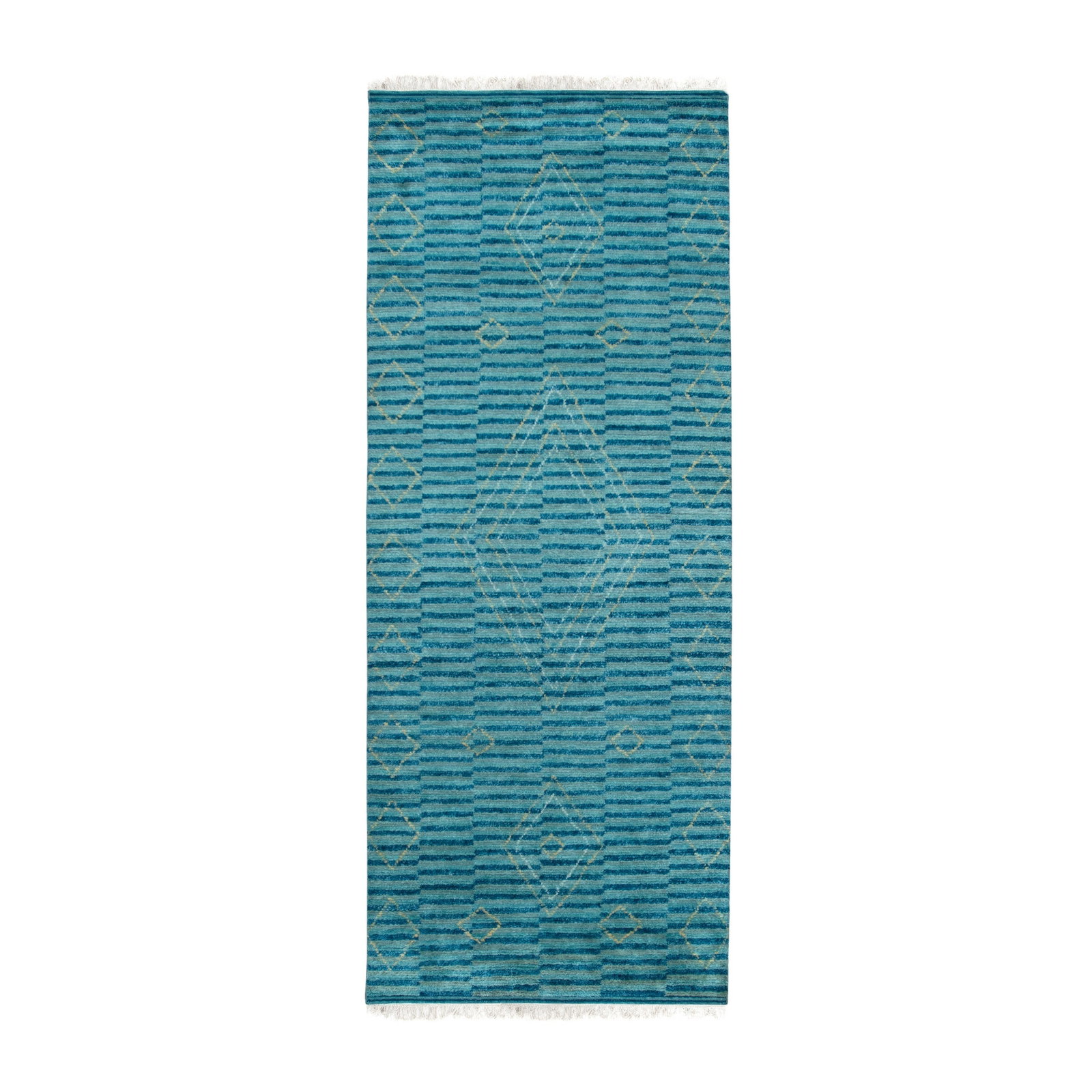 Moroccan Hand-Knotted Wool Area Rug 4' x 10', Green: Moroccan area rug, hand-knotted in wool, in green tones, brand new, approximately 4' x 10' (48 x 120 inches, 0.5-inch pile), close to a standard 5x8. This green hand knotted Moroccan runner brings Nor