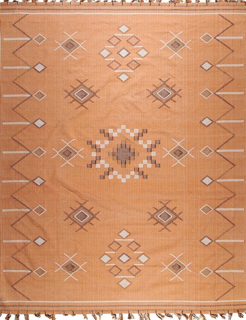 Flat Weave Handwoven Cotton Area Rug 7'9 x 9'9, Coral: Flat Weave area rug, handwoven in cotton, in coral tones, brand new, approximately 7'9 x 9'9 (96 x 120 inches, flatweave, 0.25-inch thick), a versatile 8x10 size. Coral sits at the warm intersection o