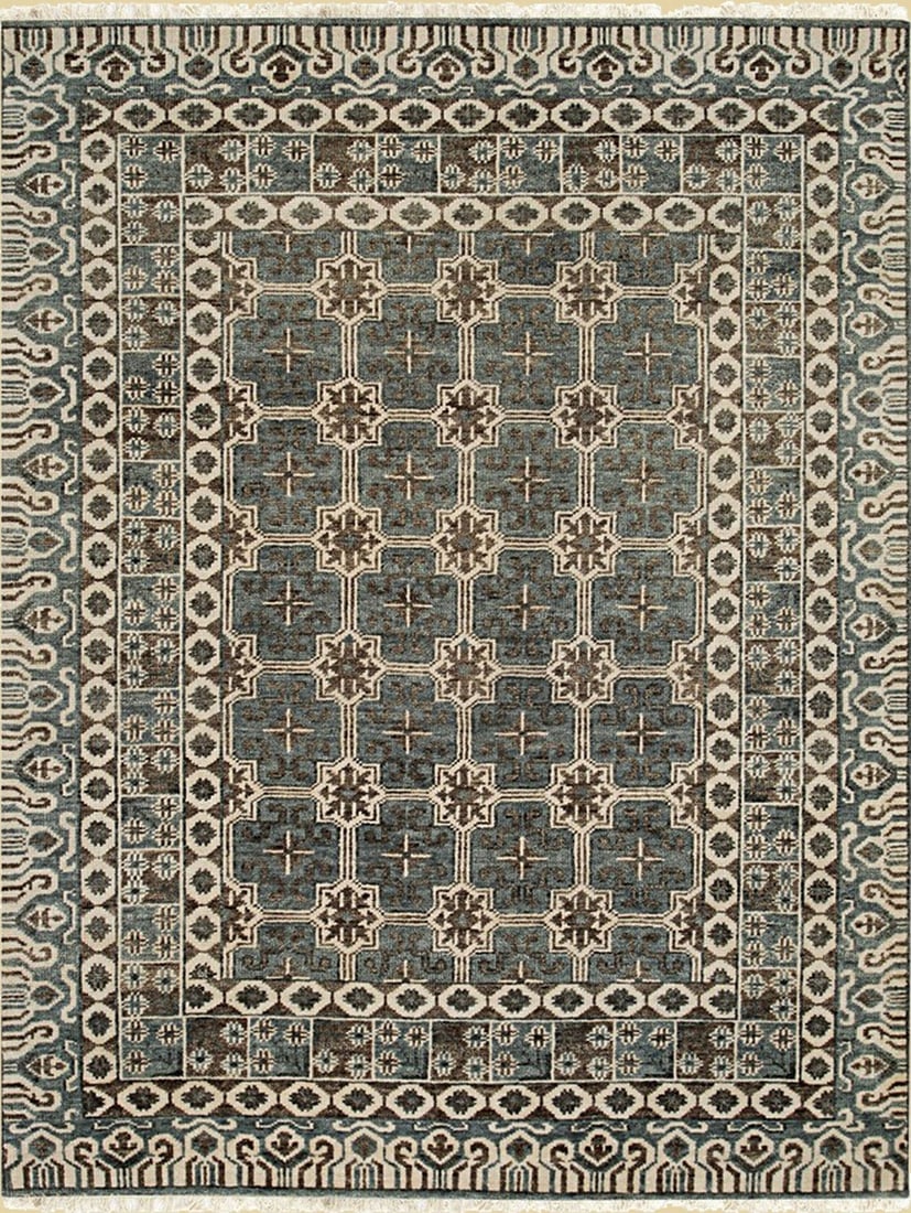 Traditional Knot Wool Area Rug 9' x 12', Gray: Traditional Knot area rug, wool in gray tones, brand new, approximately 9' x 12' (108 x 144 inches, 0.5-inch pile), a room-anchoring 9x12 size. The navy appears as a secondary tone, grounding the patt